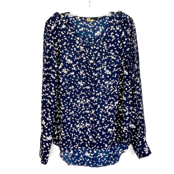 Rebecca Minkoff Silk Star Print Navy Blouse Career Size L - Picture 10 of 16